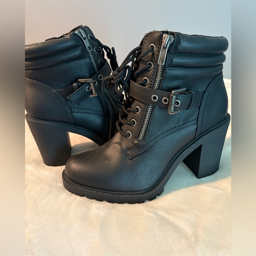 torrid Black Lace-Up Buckle Block Heel Ankle Boots with Side Zipper